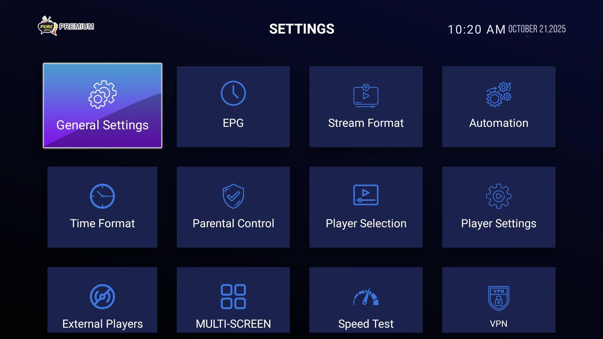 Pure IPTV APK dashboard showing live TV channels and categories on Android interface.
