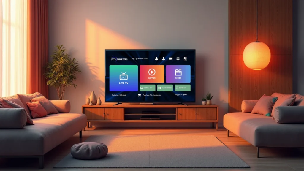 Front view of a rectangular Smart TV showing the Code IPTV Smarters interface in a cozy living room