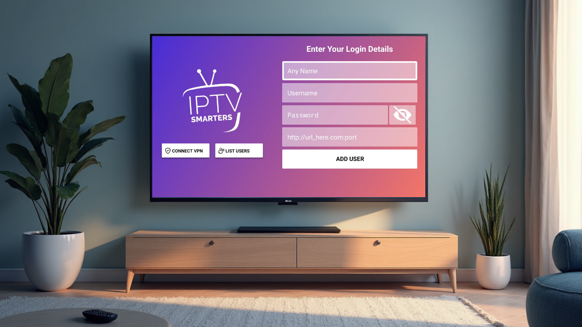 IPTV Smarters Pro setup interface on a Smart TV showing login fields for username, password, and server URL.