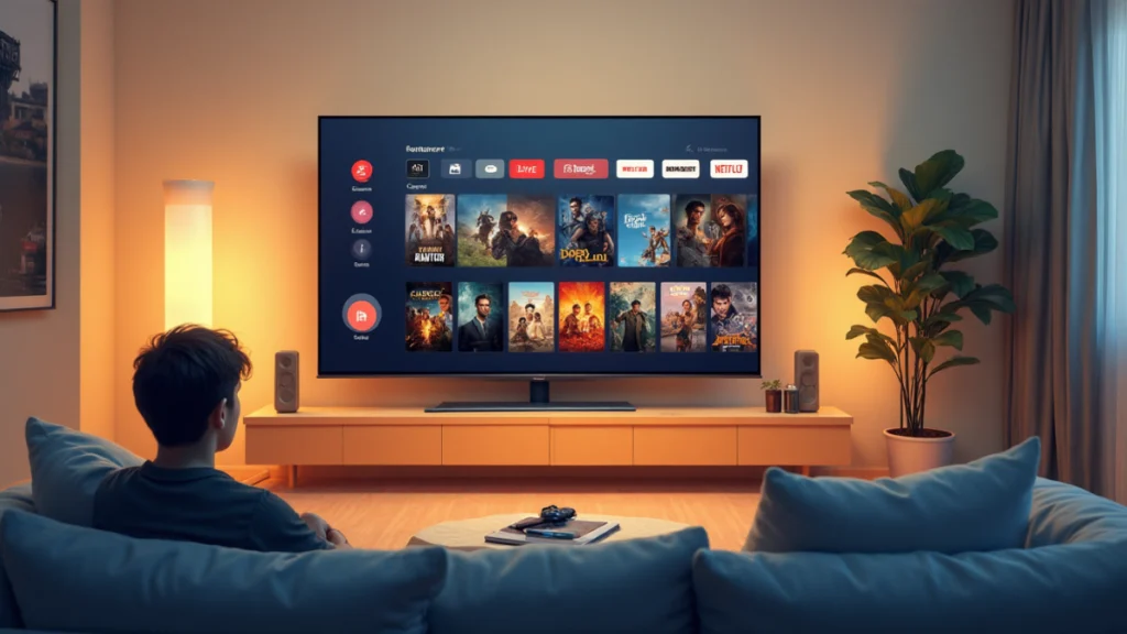 User enjoying IPTV Smarters Pro on a Smart TV showing live channels and movies in a cozy living room.