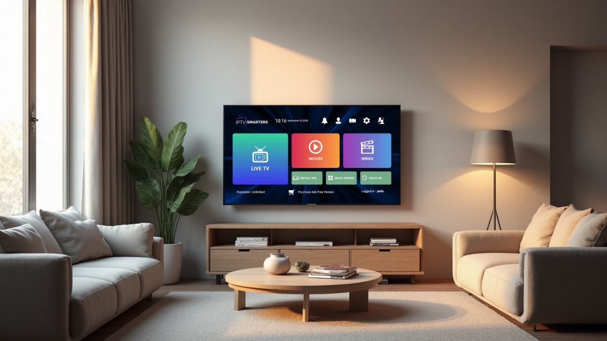 Front view of a rectangular Smart TV displaying the Code IPTV Smarters Pro interface in a cozy living room setup.