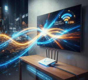 “Dynamic visual showing Ethernet connection, Wi-Fi 5 GHz, and strong router signal to illustrate IPTV performance optimization.