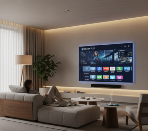 User relaxing in a modern living room watching IPTV on a large TV, representing the need for easy and fast IPTV access