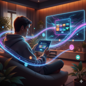 Person watching streaming television on an Android device using Pure IPTV APK, surrounded by glowing icons and digital waves symbolizing online entertainment and modern IPTV technology.