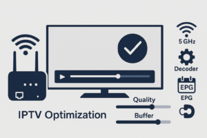 Infographic showing IPTV optimization: a Wi-Fi router with strong signal, a TV displaying smooth streaming without buffering, adjustment sliders for quality and decoder settings, and icons of Ethernet cable, 5 GHz Wi-Fi, and an EPG calendar, in a sleek minimalist tech design.