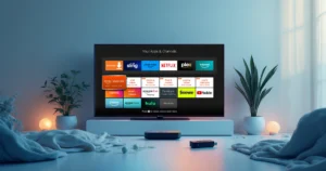 Image illustrant IPTV Premium avec une interface moderne affichant des chaînes HD et 4K sur Smart TV et Firestick.