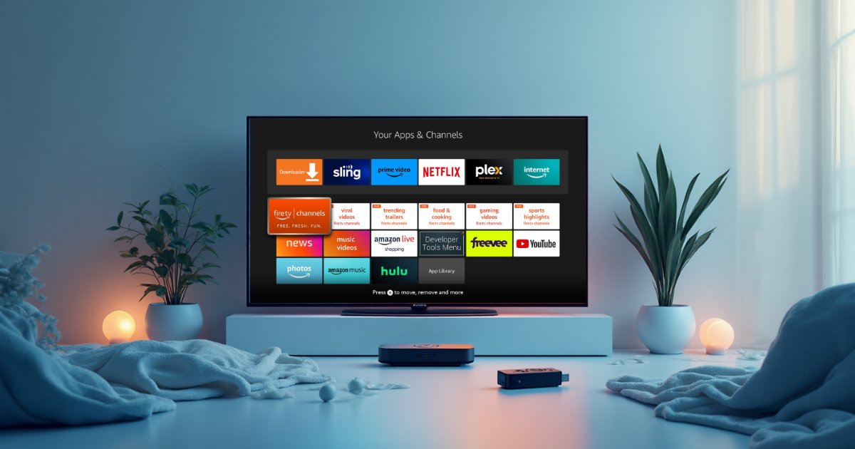 Image illustrant IPTV Premium avec une interface moderne affichant des chaînes HD et 4K sur Smart TV et Firestick.