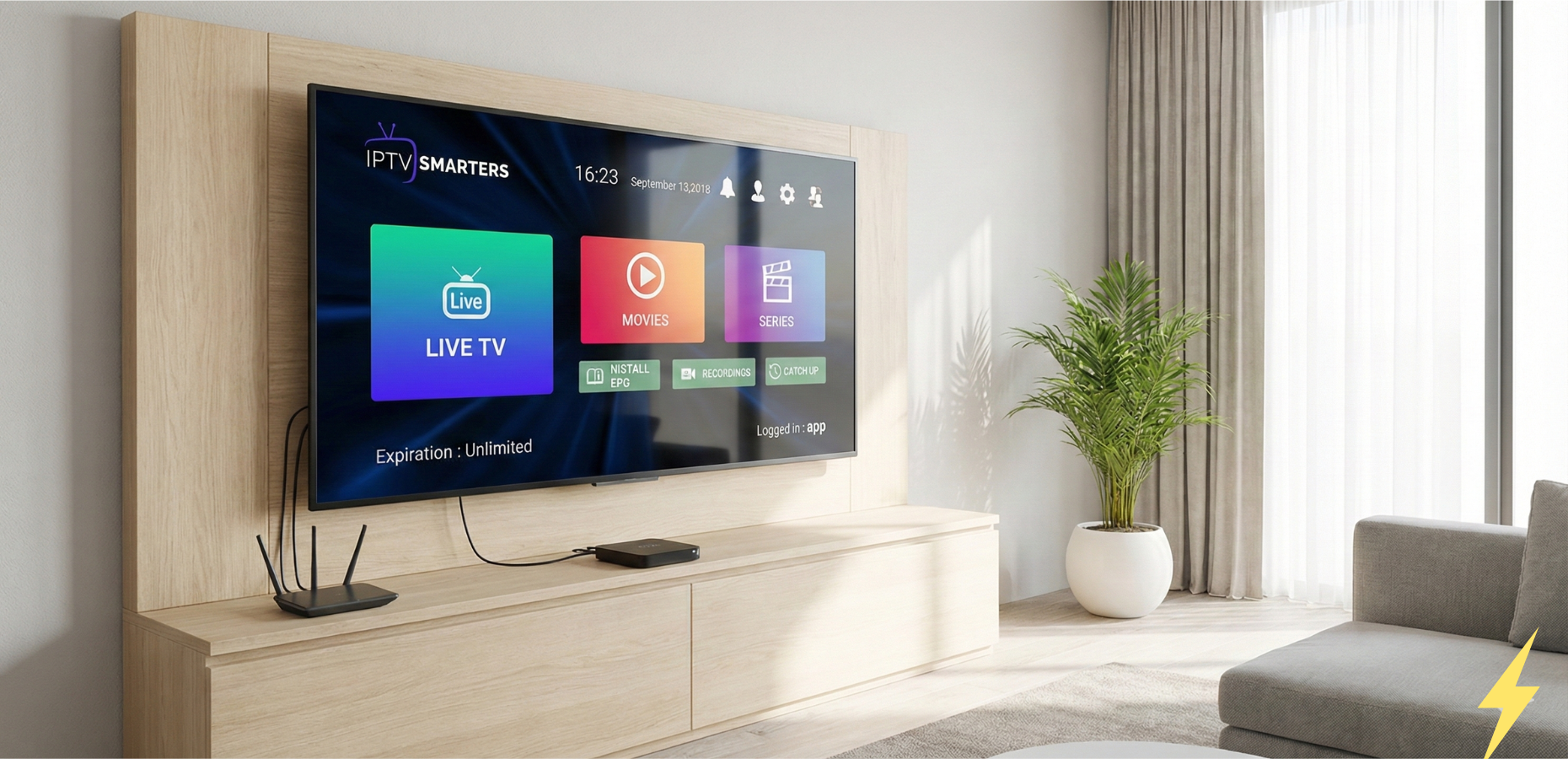 Modern living room showing Smart TV, router, and Android TV box illustrating installation IPTV setup