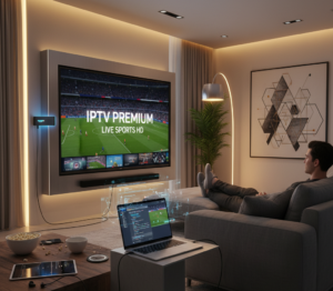 Utilisateur profitant d’IPTV Premium sur Smart TV et PC, montrant une expérience de streaming fluide et moderne.