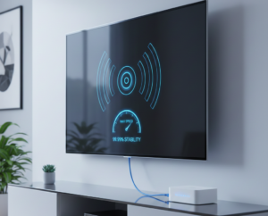 Modern image showing a TV setup with Ethernet connection and strong Wi-Fi signals, representing optimized IPTV stability and quality.