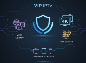 Infographic-style image with icons representing server speed, HD/4K quality, stability, VOD, and device compatibility for a VIP IPTV subscription.