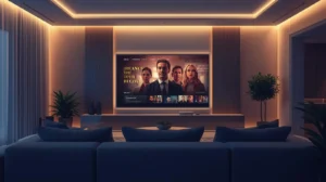Illustration of a modern living room with a large TV showing smooth premium streaming quality, representing the VIP IPTV experience.