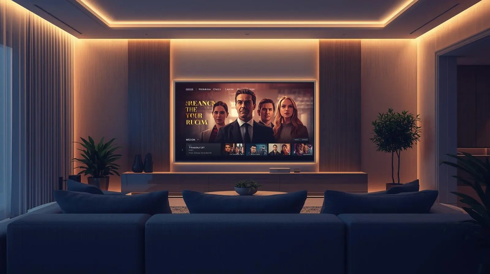 Illustration of a modern living room with a large TV showing smooth premium streaming quality, representing the VIP IPTV experience.
