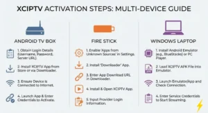 Infographic showing activation steps for XCIPTV on Android TV, Fire Stick, and Windows using neutral icons.
