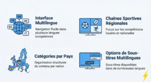Infographie mettant en avant les fonctionnalités d'IPTV Euro telles que la prise en charge multilingue et l'organisation des chaînes par pays.