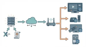 Schéma explicatif du fonctionnement IPTV avec accès Xtream et M3U sur différents appareils 