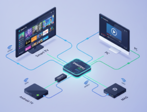 Alt text: “Illustration montrant la compatibilité de Smarters Pro sur différents appareils et l’importance de la stabilité réseau Ethernet/Wi-Fi.