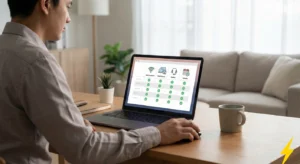 Un utilisateur consulte les fonctionnalités d'un fournisseur IPTV sur un ordinateur portable, comparant la stabilité, la qualité du support et les options d'essai.