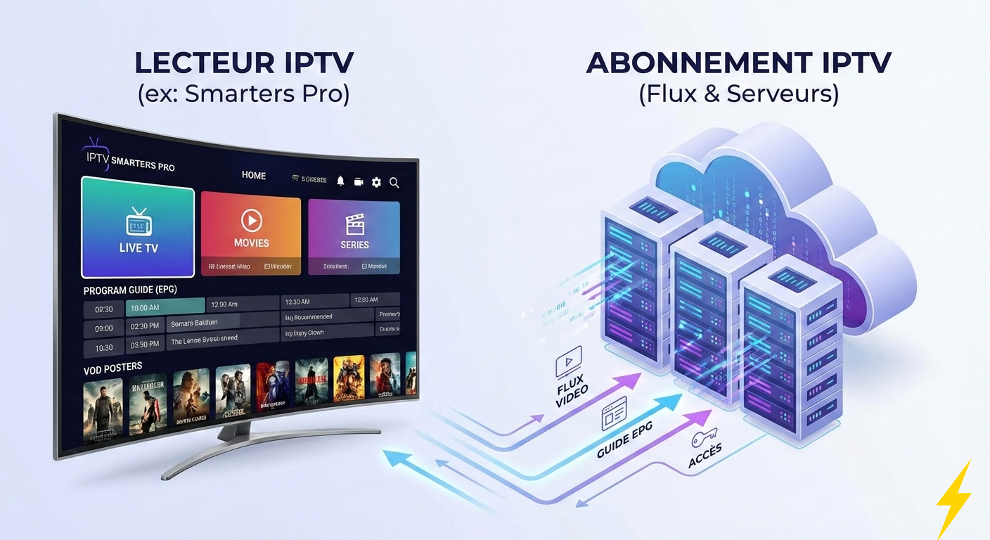 Diagramme illustrant la différence entre le lecteur IPTV Smarters Pro et le service abonnement IPTV Smarter Pro.