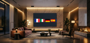 Téléviseur intelligent affichant une interface IPTV européenne avec de nombreuses chaînes de l'UE dans un salon moderne.