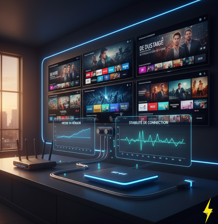 A high-tech visualization of streaming performance: multiple TV screens showing live channels, graphs of network speed and stability, Wi-Fi router and Ethernet cable highlighted. Evening ambiance, realistic digital art, professional infographic style emphasizing smooth IPTV streaming and stable connection. 