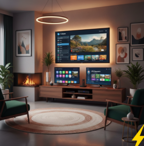 Firestick and Android TV setup running IPTV apps in a stylish modern living room for immersive streaming with IPTV subscribe