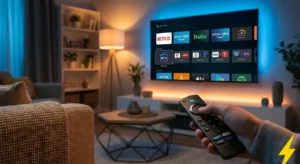 Modern living room with smart TV showcasing IPTV apps for IPTV subscribe, perfect for exploring subscriptions