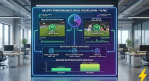 Infographic illustrating IPTV performance and stability during UK peak hours with key metrics for IPTV subscribe