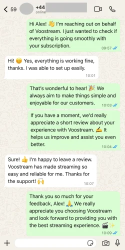 WhatsApp customer review about Voostream IPTV service