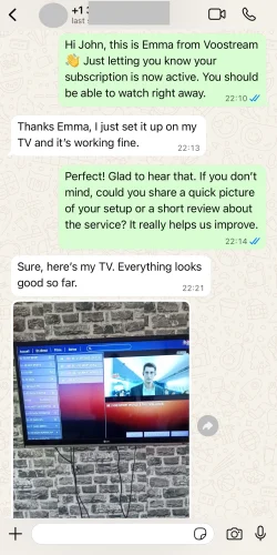 WhatsApp customer review about Voostream IPTV service