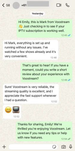 WhatsApp customer review about Voostream IPTV service