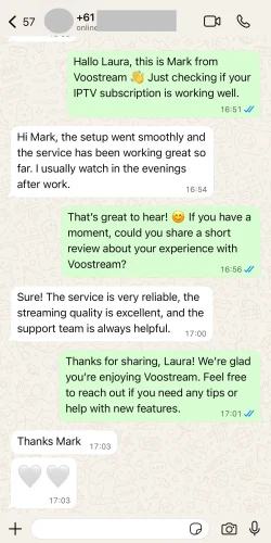 WhatsApp customer review about Voostream IPTV service