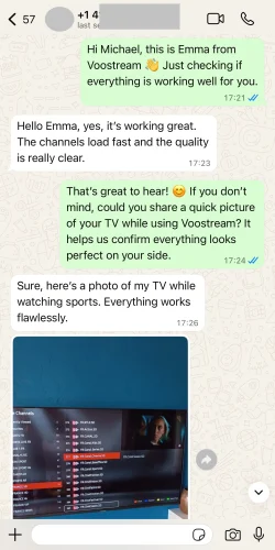 WhatsApp customer review about Voostream IPTV service